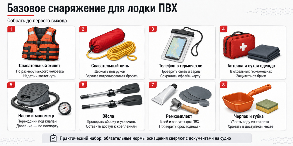 Базовое снаряжение для лодки ПВХ: жилет, спасательный линь, гермочехол, аптечка, насос, вёсла и черпак