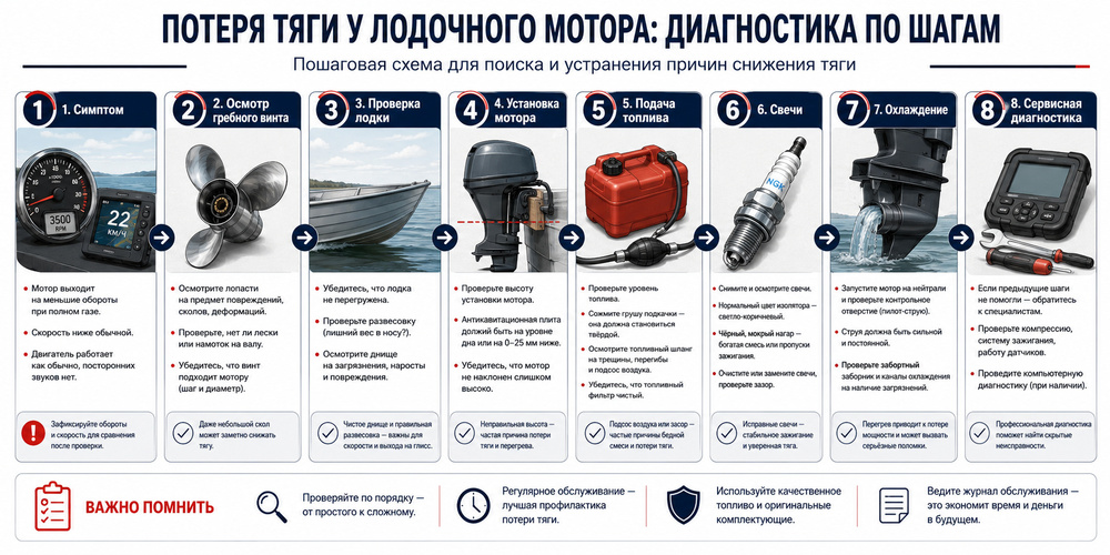 Последовательность поиска причины потери тяги подвесного лодочного мотора