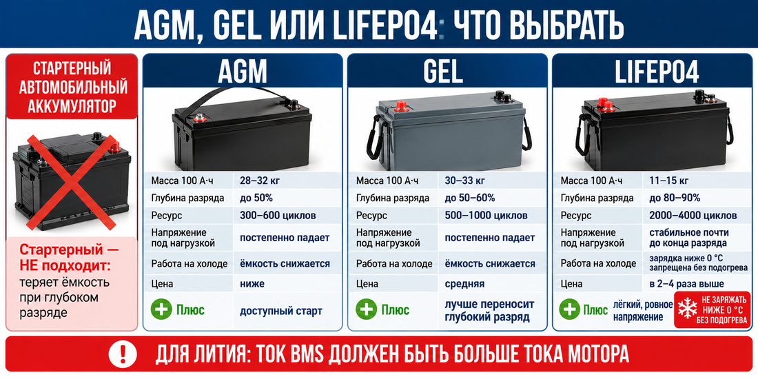 Сравнение аккумуляторов AGM, GEL и LiFePO4 для лодочного электромотора по массе, ресурсу и полезной ёмкости